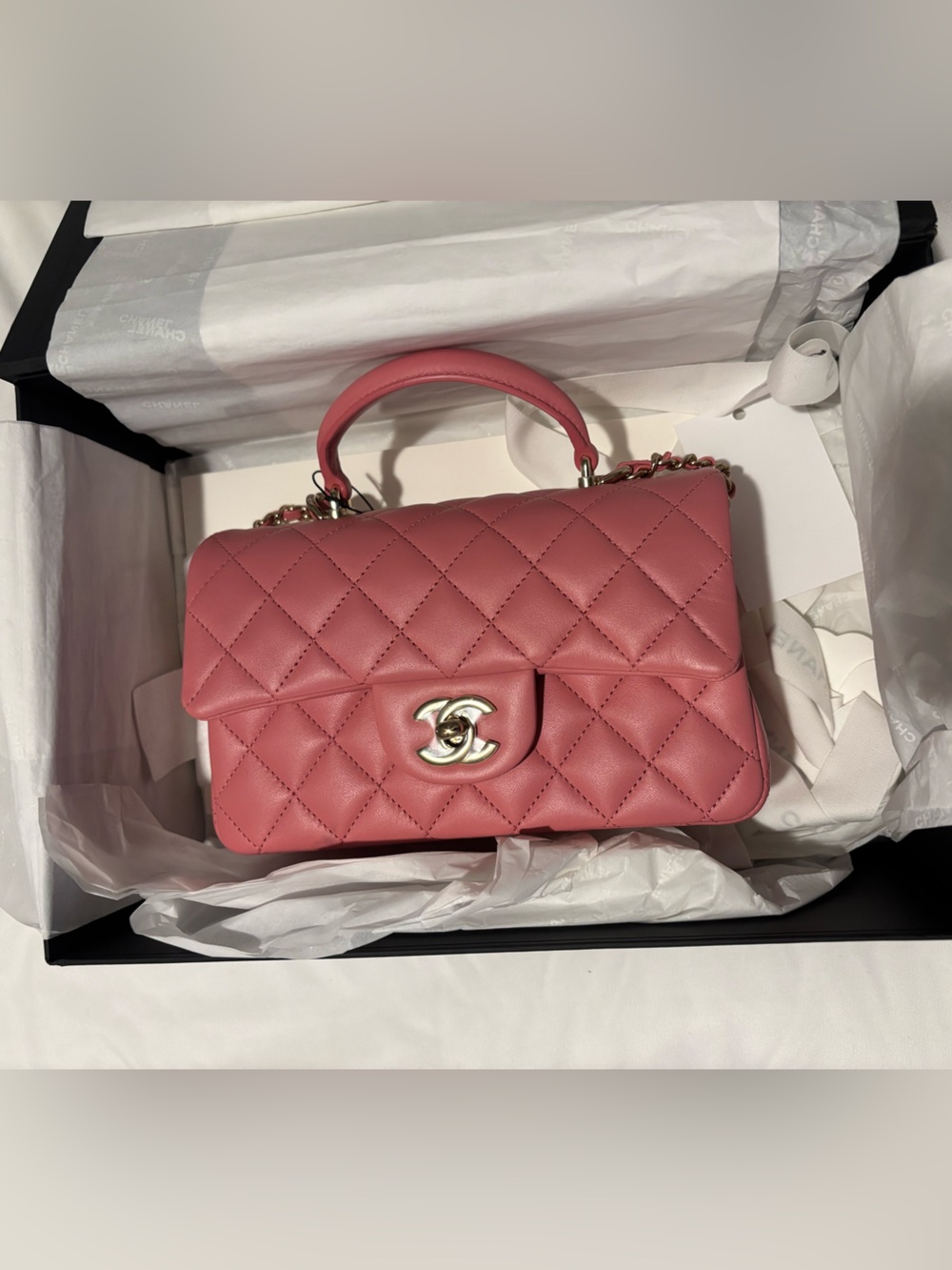 CHANEL Pink Quilted Leather Top-Handle Satchel with Chain